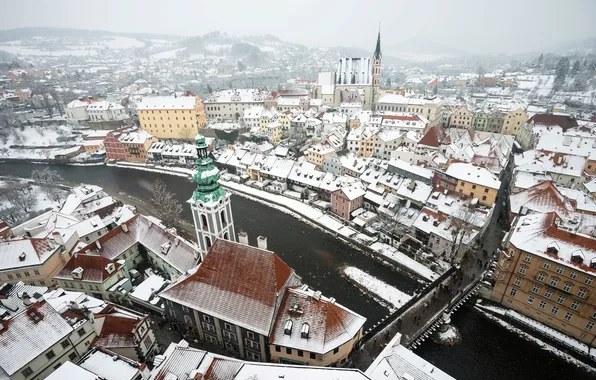 Зима, снег, мост, город, река, здания, дома, крыши