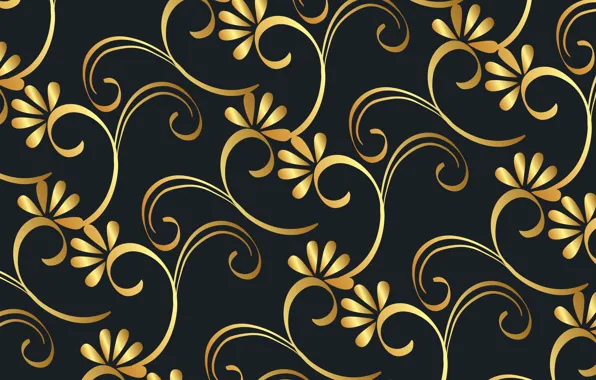 Цветы, фон, узор, черный, golden, золотой, background, floral