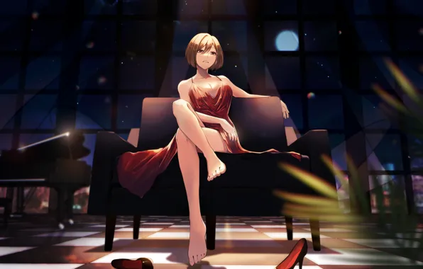 Legs, short hair, big boobs, sitting, feet, looking at viewer, women indoors