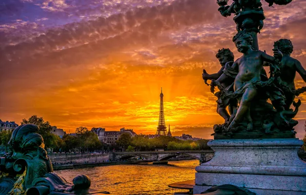 Закат, мост, город, река, Франция, Париж, вечер, Эйфелева башня