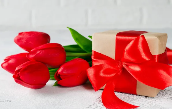 Картинка любовь, подарок, букет, лента, тюльпаны, красные, red, love
