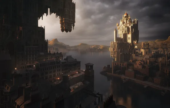 Город, Река, Здания, City, Fantasy, Пейзаж, Архитектура, Речка