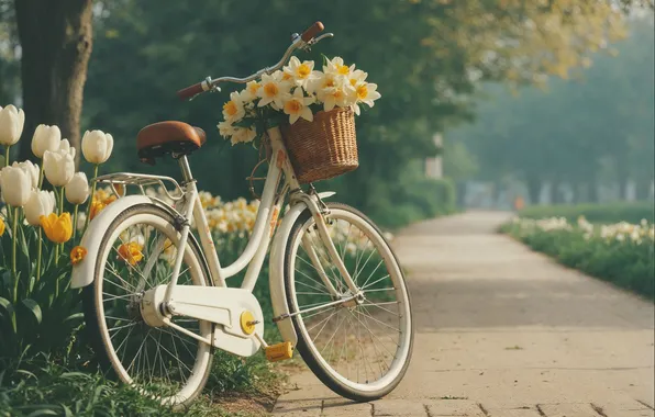 Картинка лето, цветы, велосипед, ретро, ромашки, весна, summer, sunshine