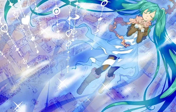 Город, дома, арт, сердечки, Hatsune Miku, Vocaloid, Вокалоид, junji