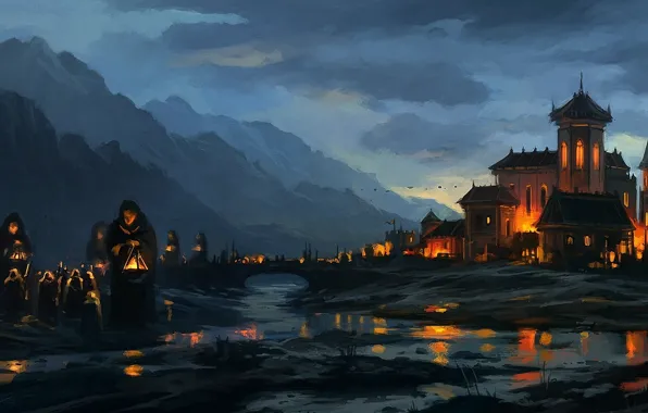 Картинка мост, река, вечер, арт, фонари, монастырь, монахи