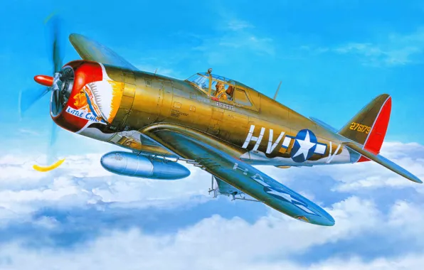 Картинка самолет, истребитель, арт, США, бомбардировщик, ВВС, Thunderbolt, P-47