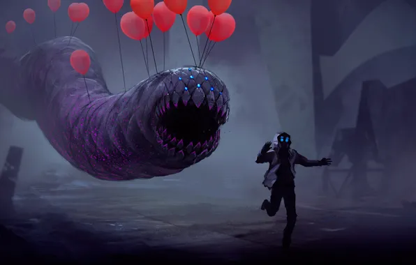 Картинка воздушный шар, человек, шарик, убегает, червь, balloon, romantic apocalyptic