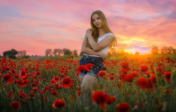 Закат, маки, девочка
