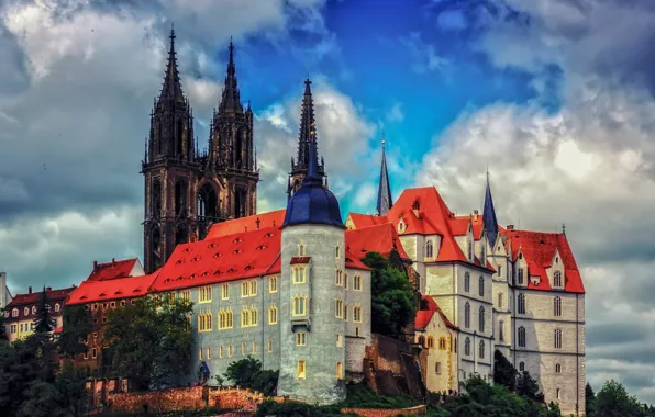 Небо, облака, замок, HDR, Германия, Albrechtsburg