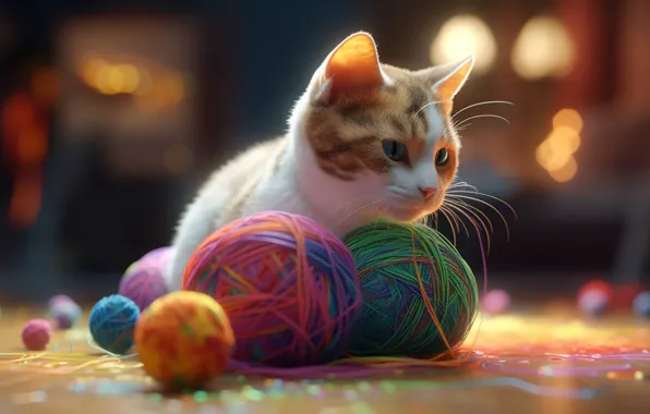 Кошка, кот, взгляд, свет, клубок, огни, поза, котенок