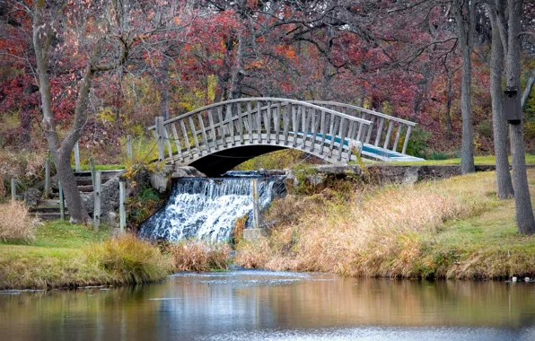 Картинка Водопад, Осень, Nature, Bridge, Autumn, Waterfall, Мостик