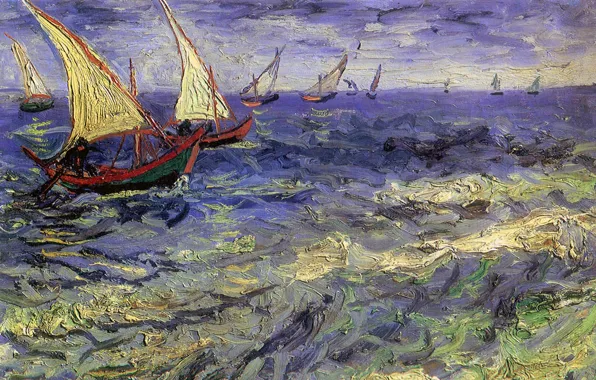 Картинка море, волны, небо, пейзаж, лодка, картина, Винсент Ван Гог