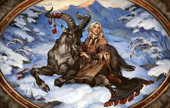 Картинка взгляд, девушка, снег, животное, козел, арт, живопись, 2015