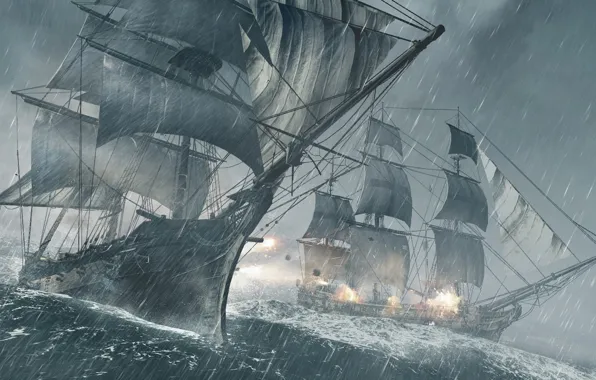 Море, шторм, дождь, корабль, Microsoft Windows, Ubisoft, выстрелы, Xbox 360