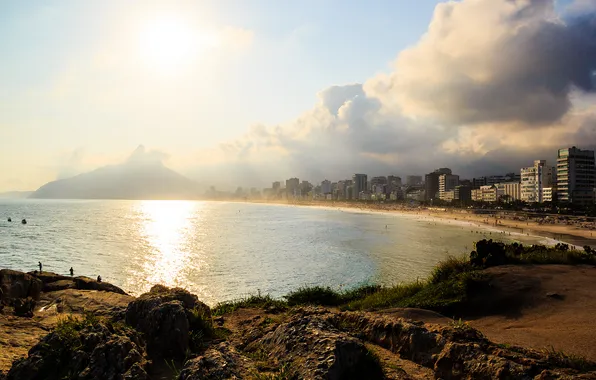 Пляж, дома, утро, Бразилия, Рио-Де-Жанейро