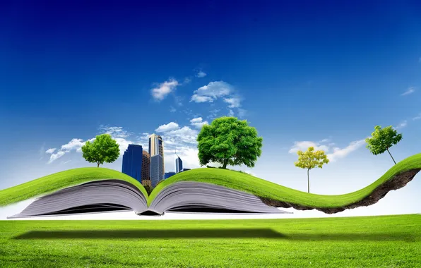 Картинка деревья, креатив, газон, здания, книга