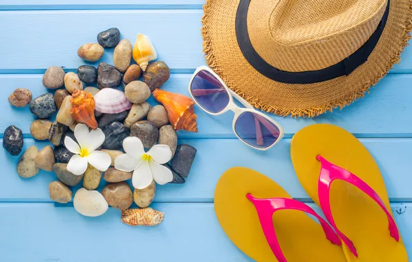 Отпуск, шляпа, очки, ракушки, beach, hat, сланцы, vacation