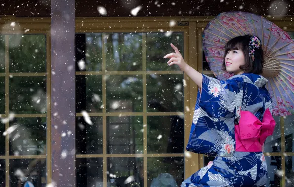 Картинка девушка, снег, зонтик, настроение, японка, кимоно, азиатка