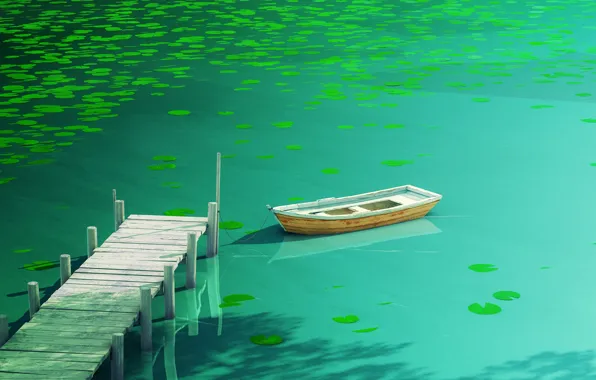 Картинка вода, свет, отражение, green, лодка, темный, доски, растение