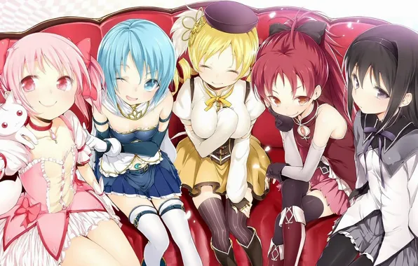 Диван, корсет, улыбки, подруги, mahou shoujo madoka magica, akemi homura, kaname madoka, miki sayaka