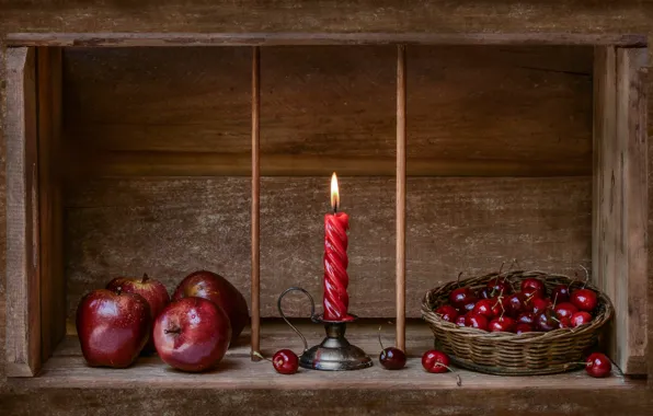 Яблоки, свеча, Рождество, вишни, Merry Christmas