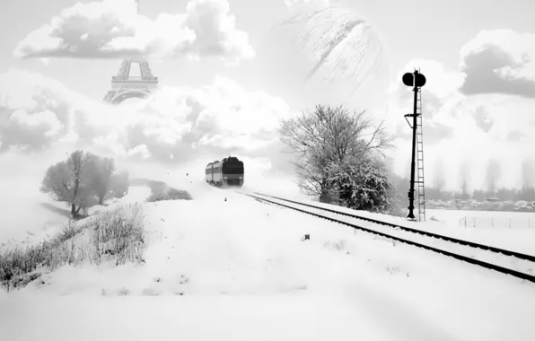 Картинка зима, рельсы, обработка, Поезд