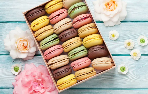Цветы, подарок, colorful, wood, pink, flowers, macarons, gift box