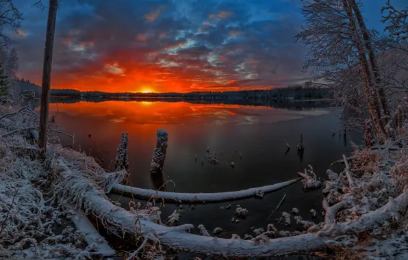 Картинка лед, зима, снег, закат, озеро