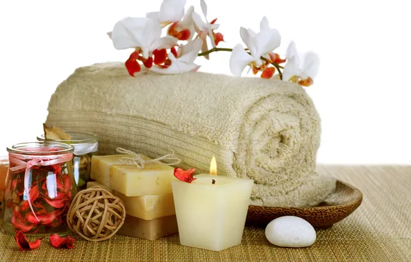 Relax, soap, flowers, bath, спа, orchid, candles, spa
