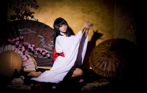 Картинка Девушка, тень, зонт, веер, кимоно, cosplay