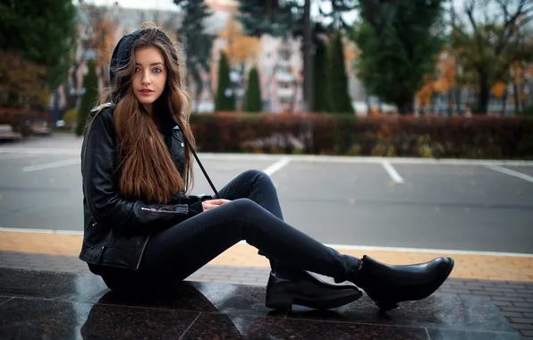 Girl, trees, model, jeans, urban, sitting, jacket, public