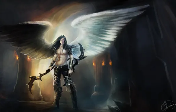 Картинка фантастика, крылья, ангел, демон, арт, парень, оружие. взгляд