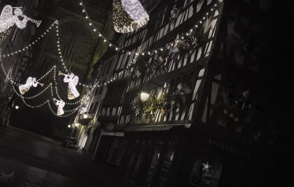Ночь, улица, ангелы, christmas, France, Strasbourg
