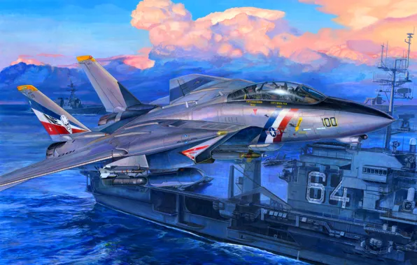 Картинка war, art, airplane, painting, aviation, jet, Grumman F-14 Tomcat