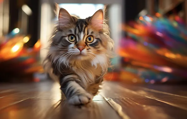 Кошка, взгляд, поза, котенок, комната, пол, мордашка, полосатый
