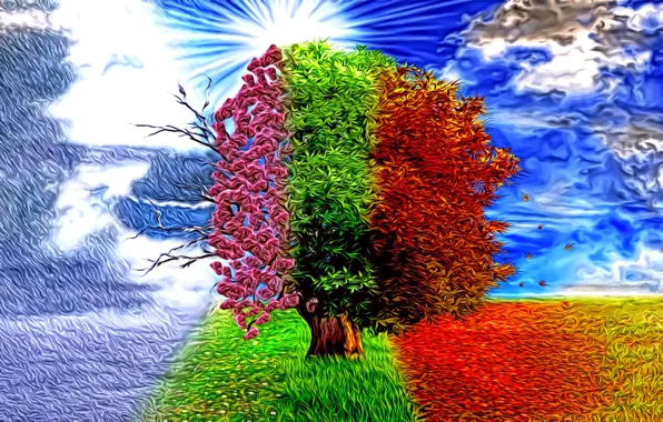 Картинка абстракция, рендеринг, фантазия, дерево, времена года, арт, зима-весна-лето-осень