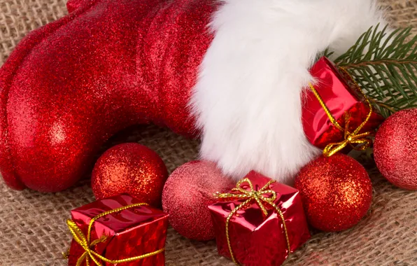 Красный, праздник, шары, игрушки, подарки, Новый год, мех, новогодние