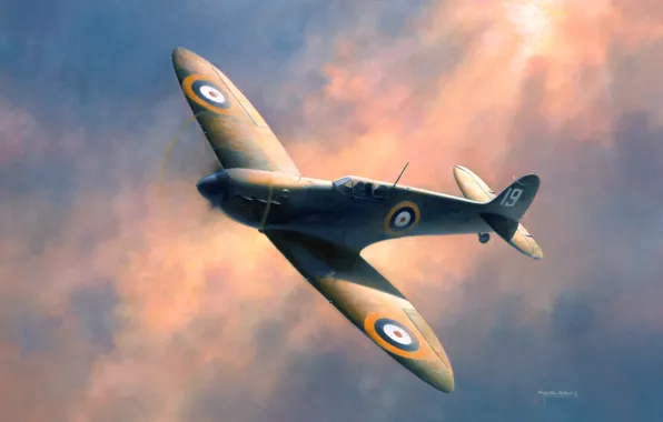 Картинка sky, flying, WWII, spitfire painting