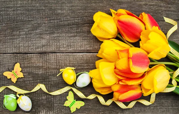 Цветы, яйца, colorful, Пасха, тюльпаны, happy, yellow, wood