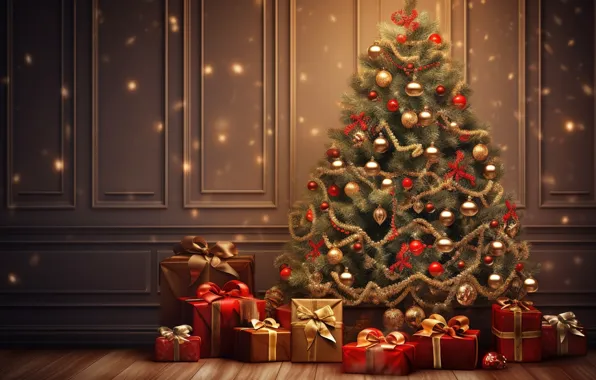 Украшения, комната, шары, елка, интерьер, Новый Год, Рождество, подарки