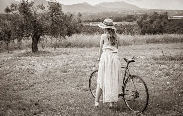 Black & white, bicycle, dress, nature, model, awesome, countryside, gorgeous