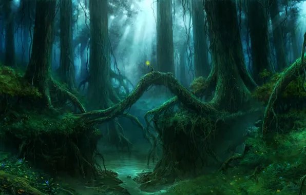 Картинка лес, деревья, корни, ручей, человек, чаща, арт, факел