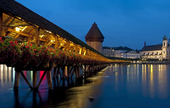 Мост, огни, вечер, Switzerland, Lucerne, Chapel Bridge