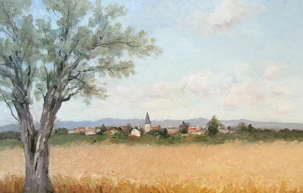Картинка поле, пейзаж, горы, дерево, дома, картина, Марсель Диф, Fields of Wheat at Saules