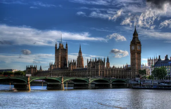Картинка небо, мост, город, река, HDR, Великобритания, London, Parliament and Westminster