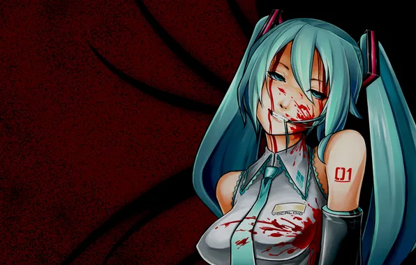 Девушка, кровь, галстук, Vocaloid, вокалоид, ухмылка