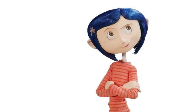 Мультфильм, девочка, белый фон, страшная сказка, Coraline, Коралина, Коралайн