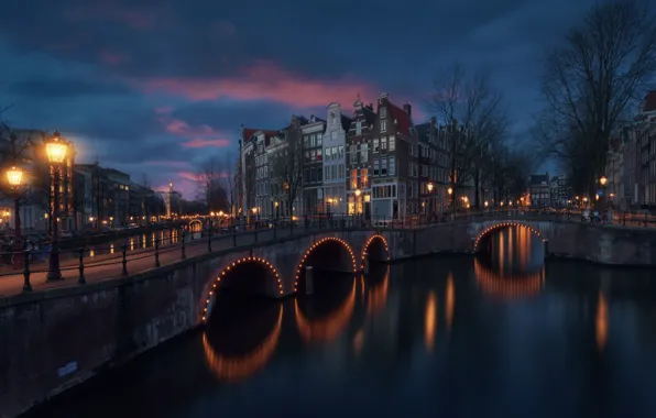 Свет, город, огни, дома, вечер, Амстердам, канал, мостики