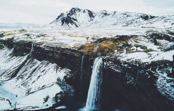 Картинка зима, снег, горы, водопад, Исландия