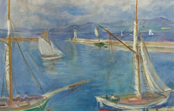 Картинка море, пейзаж, картина, парус, Шарль Камуан, Charles Camoin, Белые Парусные Лодки в Порту Сен-Тропе